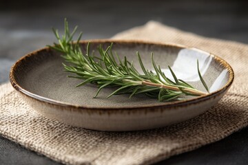 Fresh rosemary rests on a rustic plate, adding flavor and fragrance to hearty meals in a cozy kitchen setting