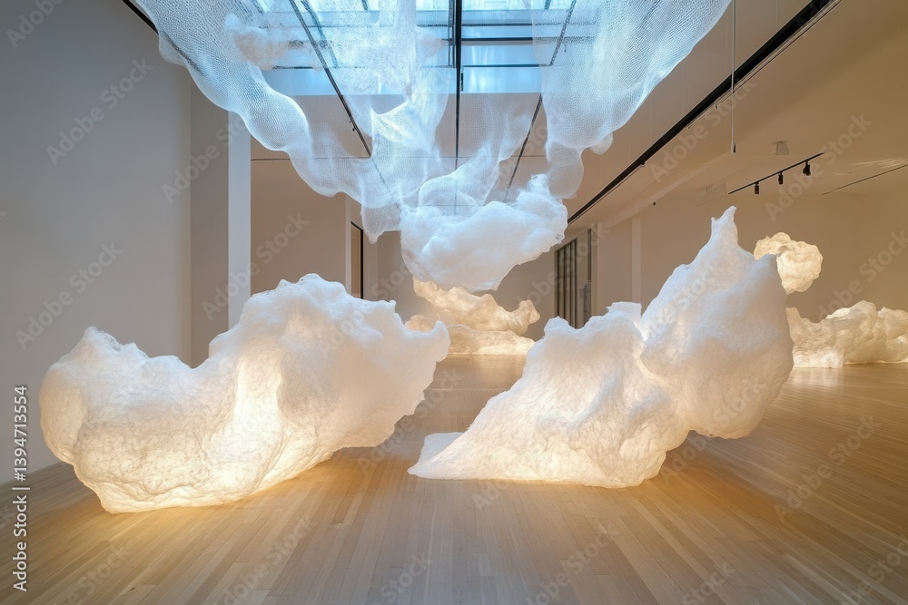 Aufkleber Captivating installation of soft cloud forms in a spacious illuminated gallery creates a dreamlike atmosphere for visitors