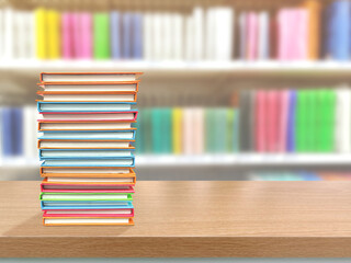 Stack of books on a table in a library. Stack of colorful books on a wooden table.