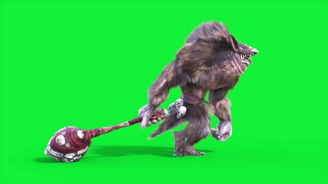 Green Screen Humanoid Rat Monster Walkcycle Side Loop Fur 3D Animation Rendering CGI 4K