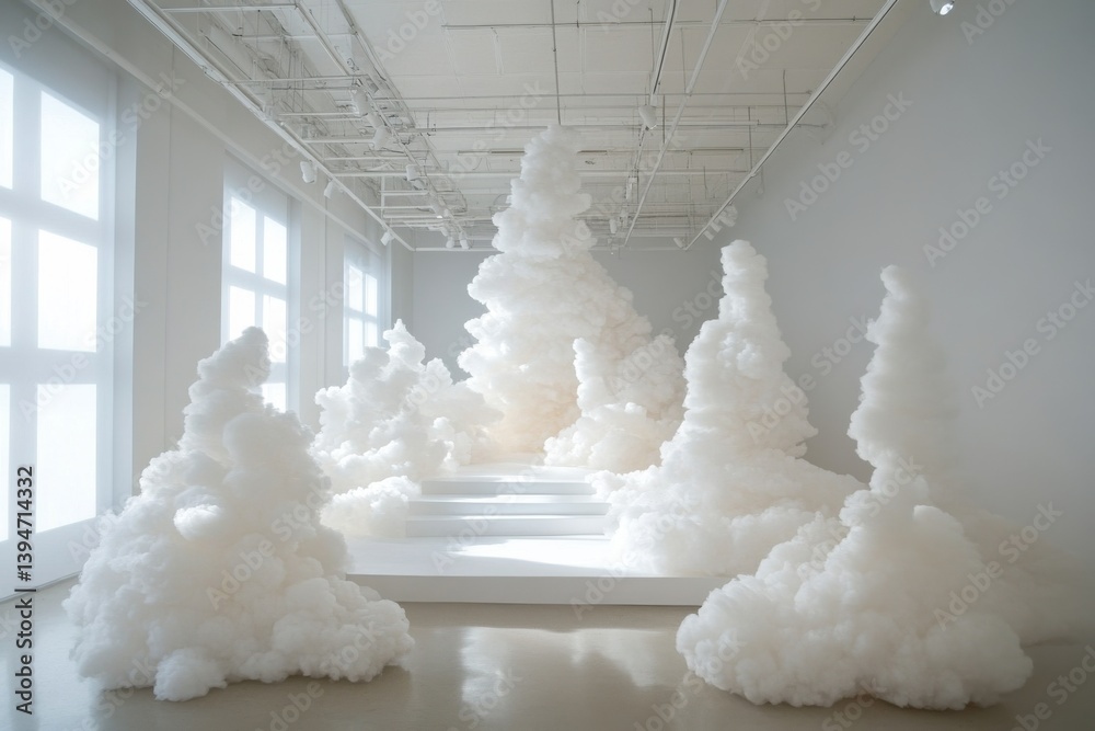 Aufkleber innovative art installation featuring fluffy cloud-like structures in a bright gallery space