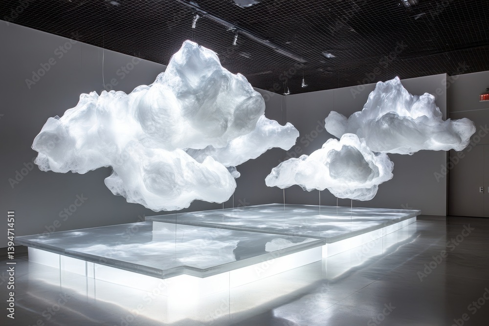 Aufkleber Ethereal sculptures resembling clouds illuminated in a spacious art gallery create a dreamlike atmosphere for visitors to experience