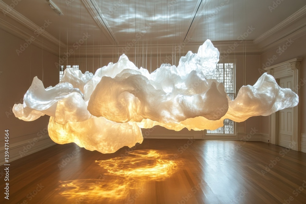 Poster Ethereal sculptures resembling clouds illuminate a spacious art display in a contemporary gallery setting