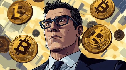 Confident businessman surrounded by bitcoin