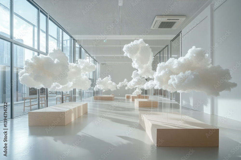 Aufkleber Delicate cloud-like sculptures create a mesmerizing art display in a bright, spacious gallery during daylight hours