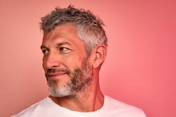 Obraz premium Portrait of a handsome man with gray hair and a short beard, wearing a white t-shirt and smiling
