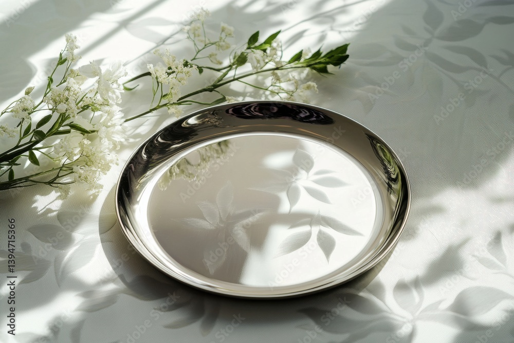 Poster elegant silver metal tray on a floral-patterned surface reflects subtle light and enhances a modern 