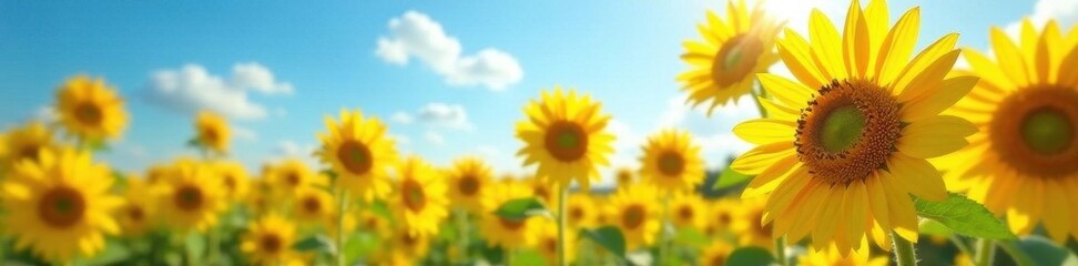 Obraz premium Vibrant sunflowers, bright yellow petals, summer sky backdrop, sunny, meadow, photography