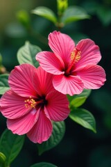 Obraz premium Two vibrant pink hibiscus blossoms, close-up view, soft, flora