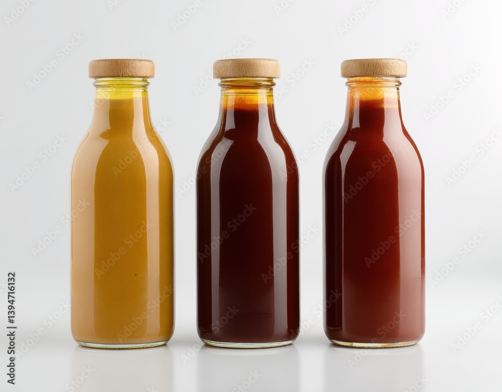 Fototapete bottles of different types of barbecue sauce isolated on a light background