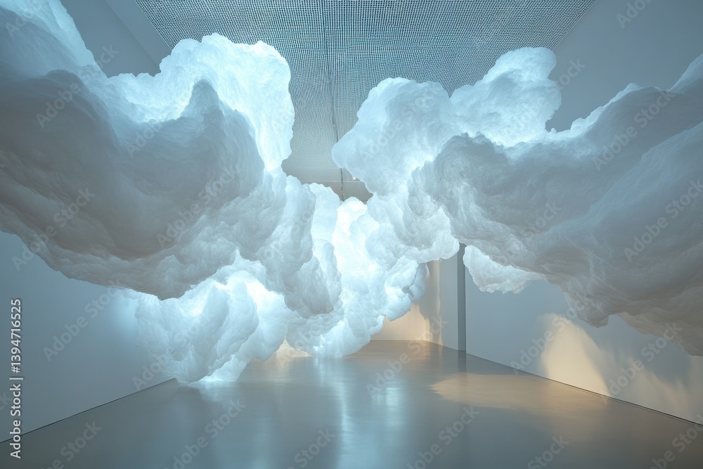 Poster striking installation of ethereal cloud-like forms fills radiant gallery space inviting exploration 
