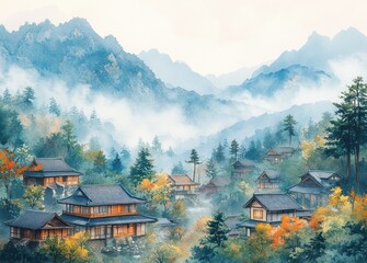 Fototapeta premium Countryside Landscape Watercolor Japanese Houses Misty Mountains Tranquil Nature