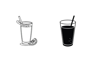 Black And White Vector Illustration Of Refreshing Drinks With Straws And Citrus