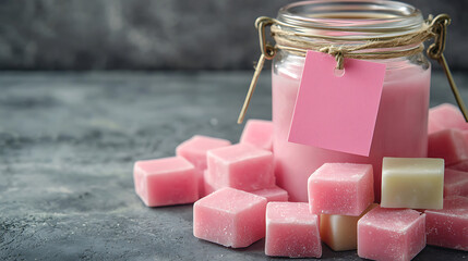 Pink wax melts surround a glass jar candle adorned with a blank pink tag on a textured gray surface.
