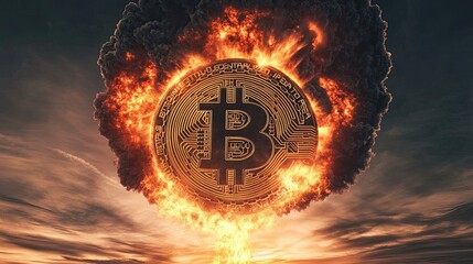 Fiery bitcoin rises against dramatic sky.