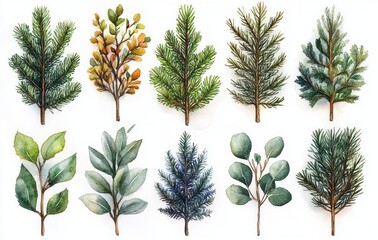 Watercolor Spruce Fir Pine Christmas Tree Branch Collection