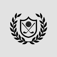 Fototapeta premium A luxurious golf logo featuring a gold laurel wreath around a shield with a golf ball and club