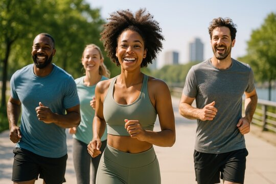 Joyful group outdoor exercise