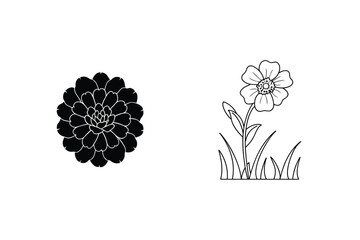 Black And White Floral Outlines Vector Illustration Of Blooming Flowers