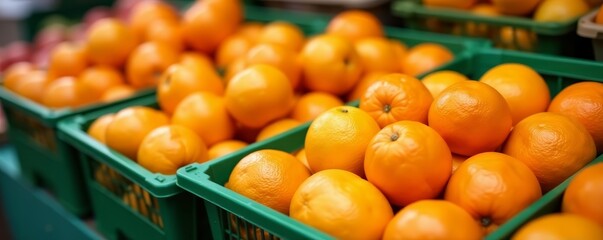 Neatly arranged oranges in green baskets at fruit stand, arrangement, colorful