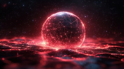 Futuristic Network Sphere in Deep Space with Glowing Lines and Low Poly Structure
