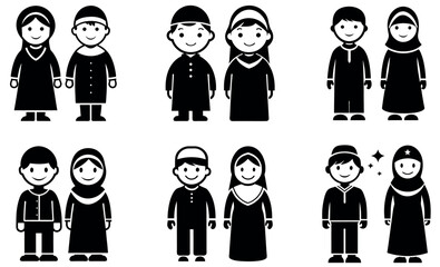 Simple black and white icons of children in traditional Islamic clothing