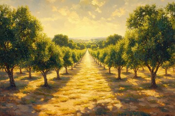 Naklejka premium Aerial view of almond orchard in Alentejo Portugal during golden hour with long shadows and rhythmic tree patterns