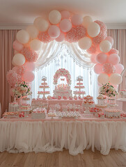 Pink and white sweets table with balloon arch and floral accents for a celebratory event.