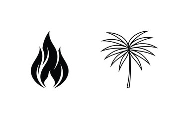 Black And White Vector Graphic Featuring Fire Flame And Palm Tree Icons