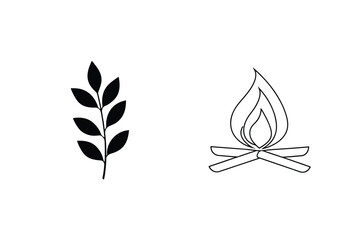 Minimalist Illustration Of Bonfire And Foliage Branch On White Background