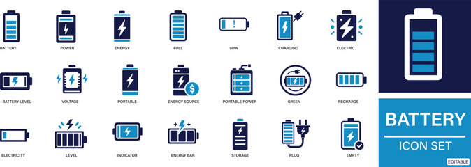 Battery icon set . Battery, Charge, Power, Energy, You can easily change the color.