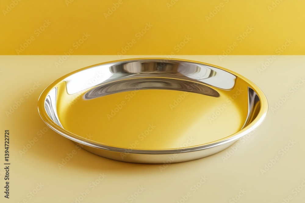 Poster modern silver metal tray on a soft butter yellow surface with elegant reflections and a sleek design