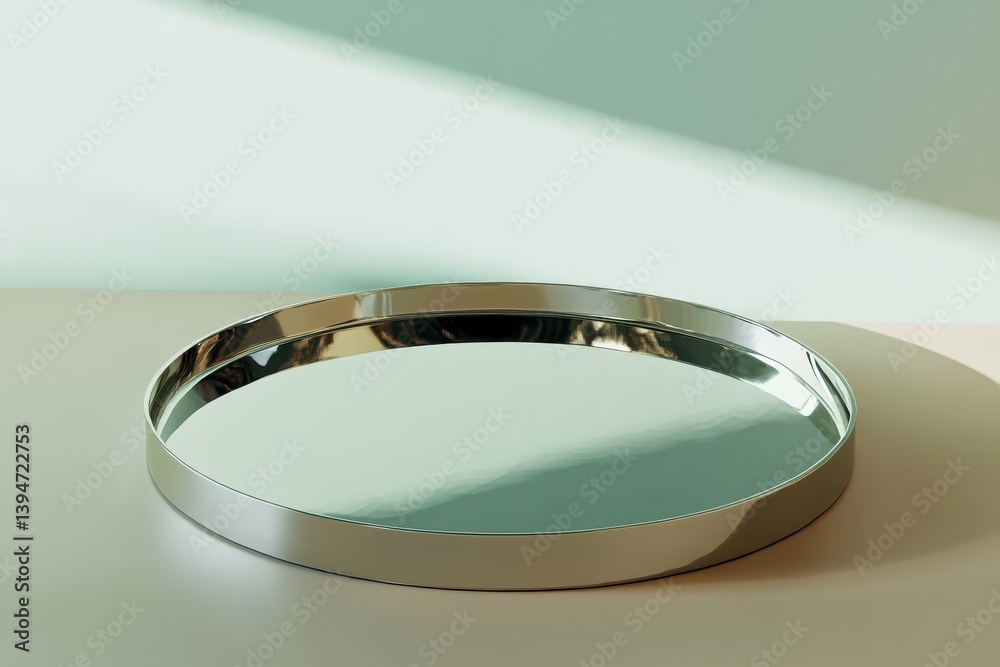 Poster Elegant silver metal tray on muted khaki surface reflecting modern design elements in a soft light setting