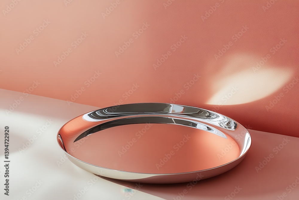 Poster elegant silver metal tray on apricot surface highlighting modern design and reflections in a minimal