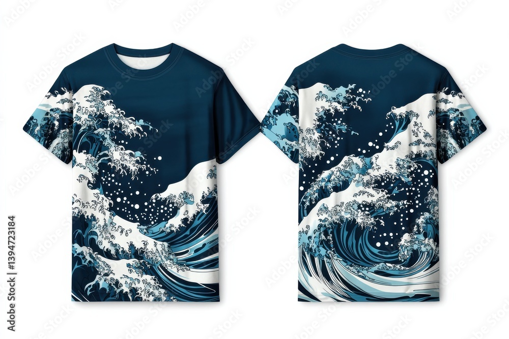 Poster trendy ocean blue t-shirt featuring striking graphic front and back views on a white background for 