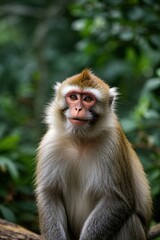 Fototapeta premium arafed monkey sitting on a tree branch with a green background