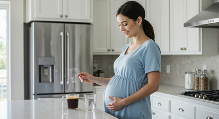 A thoughtful pregnant woman chooses coffee or water in a modern kitchen