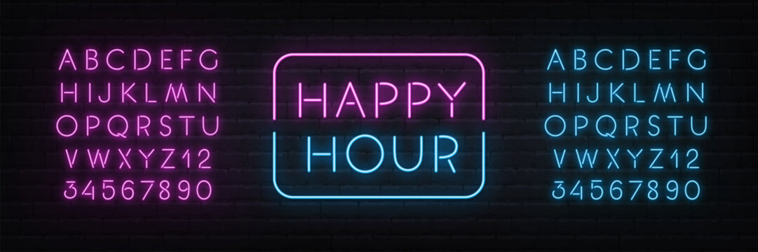 Happy Hour neon sign on brick wall background.