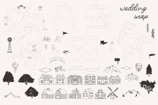 Collection of elements for create wedding maps. Buildings, landscape, roads, mountain. Perfect for wedding invitation.