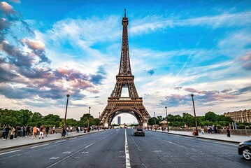 Eiffel Tower under a vibrant sky in Paris.