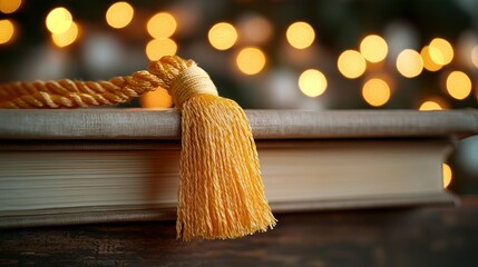 Book with gold tassel on wooden surface, glowing lights in background