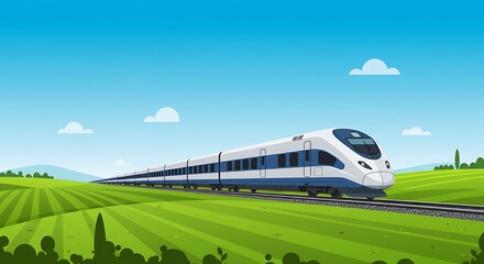 High Speed Train Traveling Through Lush Green Countryside Under Blue Sky