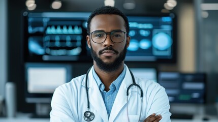 Healthcare Technology patient concept. A medical professional in a lab coat with digital technology
