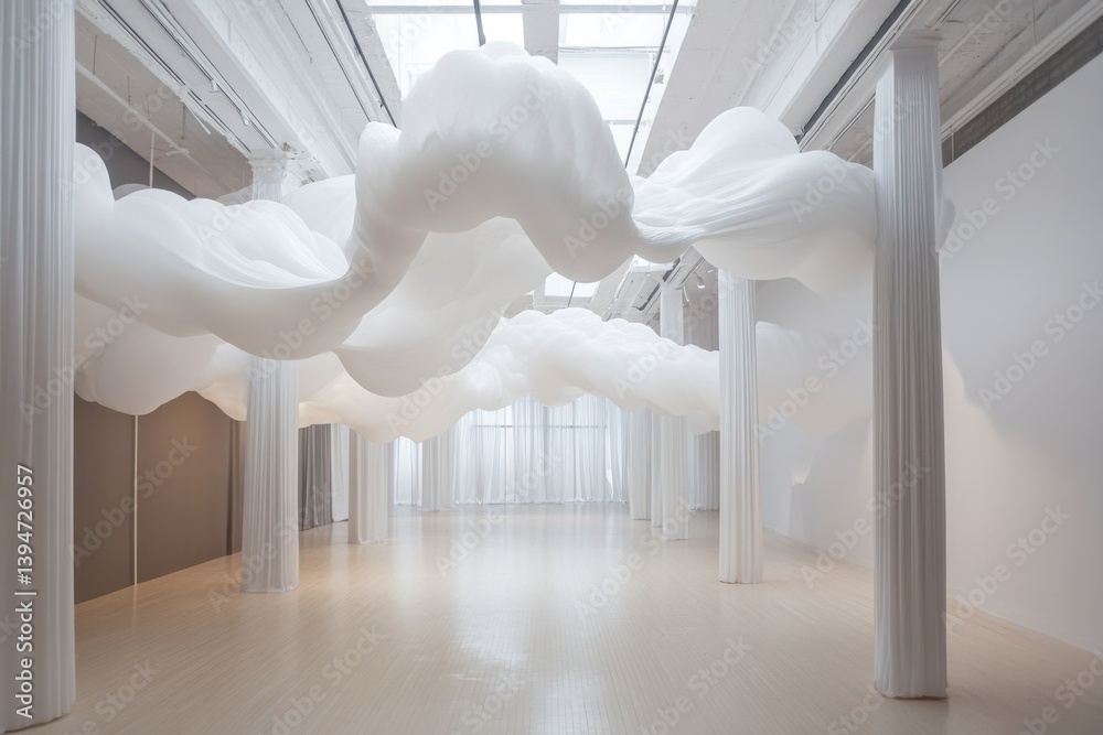 Poster creative installation of flowing white fabric resembling clouds in a contemporary art space during d
