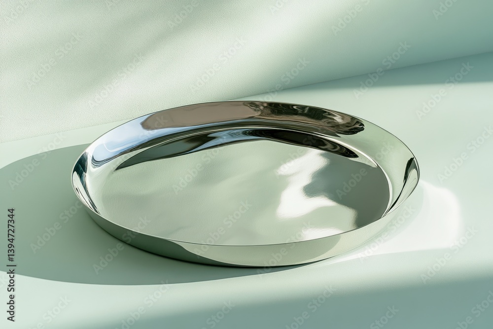 Aufkleber Elegant metallic serving tray positioned on a soft surface, reflecting light in a serene setting