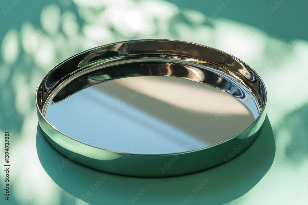 Aufkleber reflective silver tray on a turquoise surface with soft shadows creating a serene atmosphere in brig