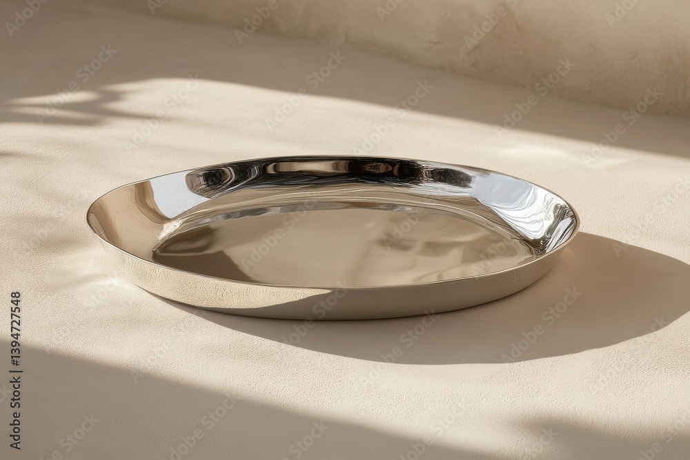 Poster Shiny metallic tray resting on a light-colored surface with natural shadows in a softly lit indoor setting