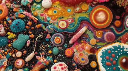 A vibrant and abstract composition of organic shapes and colors, creating a dynamic and visually captivating scene.