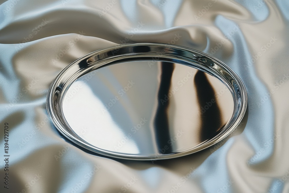 Poster Reflective silver tray placed on soft satin fabric showcasing its shine and elegance in a serene setting