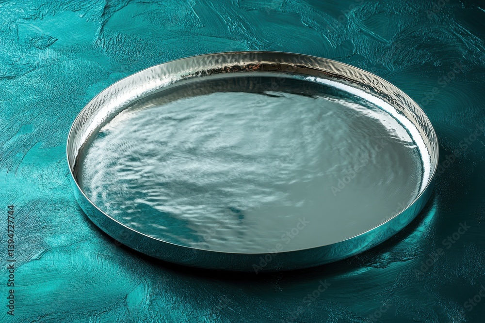 Poster Circular silver tray placed on a textured turquoise surface with gentle reflections in natural light